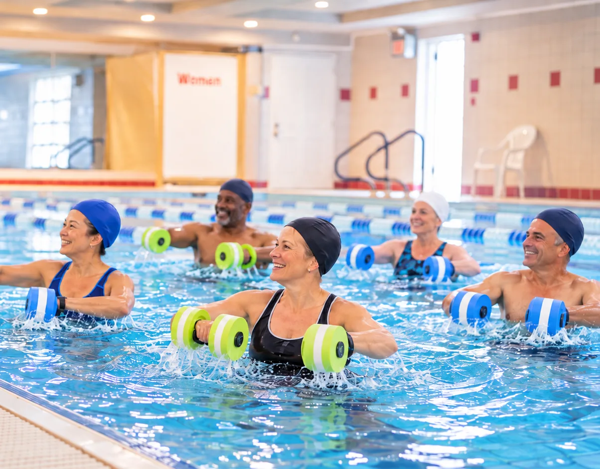 Group Aquarobics class in the CGI pool: members with foam dumbbells