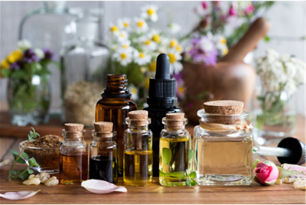 Bottles of aromatherapy oils lined up in a row with a background of fresh cut herbs