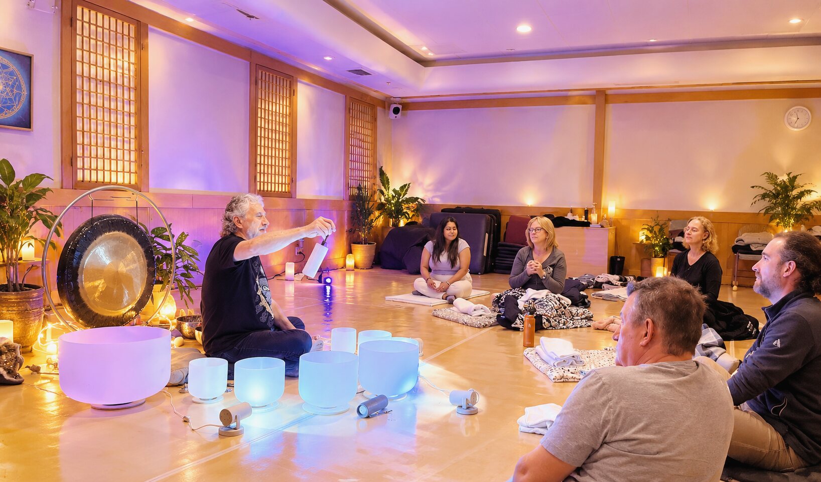 Sound bath gathering at CGI Holistic Fitness & Spa: crystal bowls, gong and community