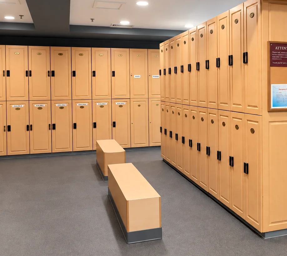 Resort-style locker rooms with robes, towels, and amenities