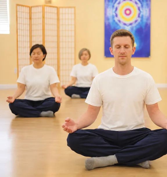 Seated meditation class at CGI: students in white with eyes closed