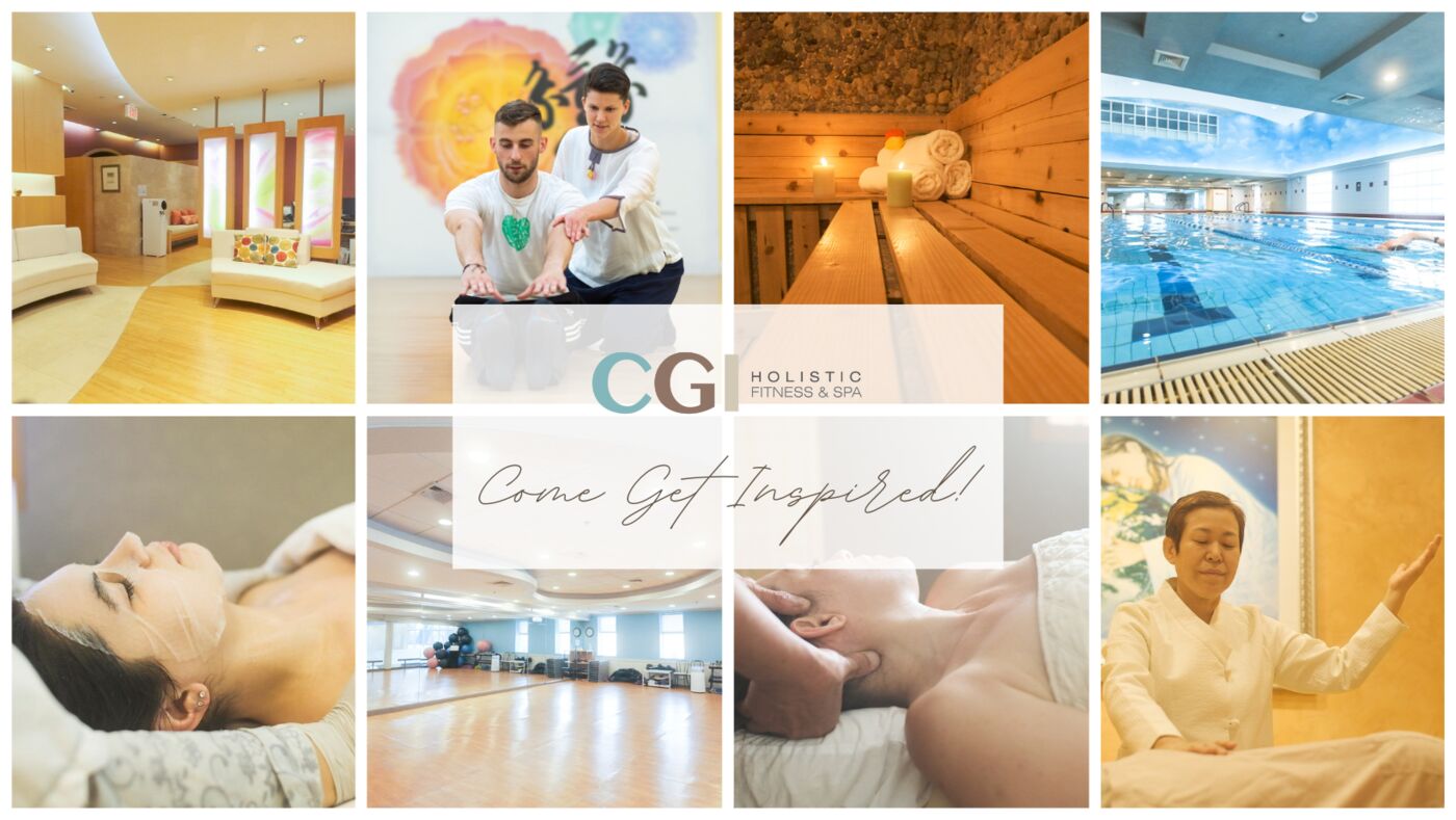 Collage of spa and fitness scenes: massage, meditation, sauna, pool, and treatment room, with CG Holistic Fitness & Spa and Come Get Inspired.