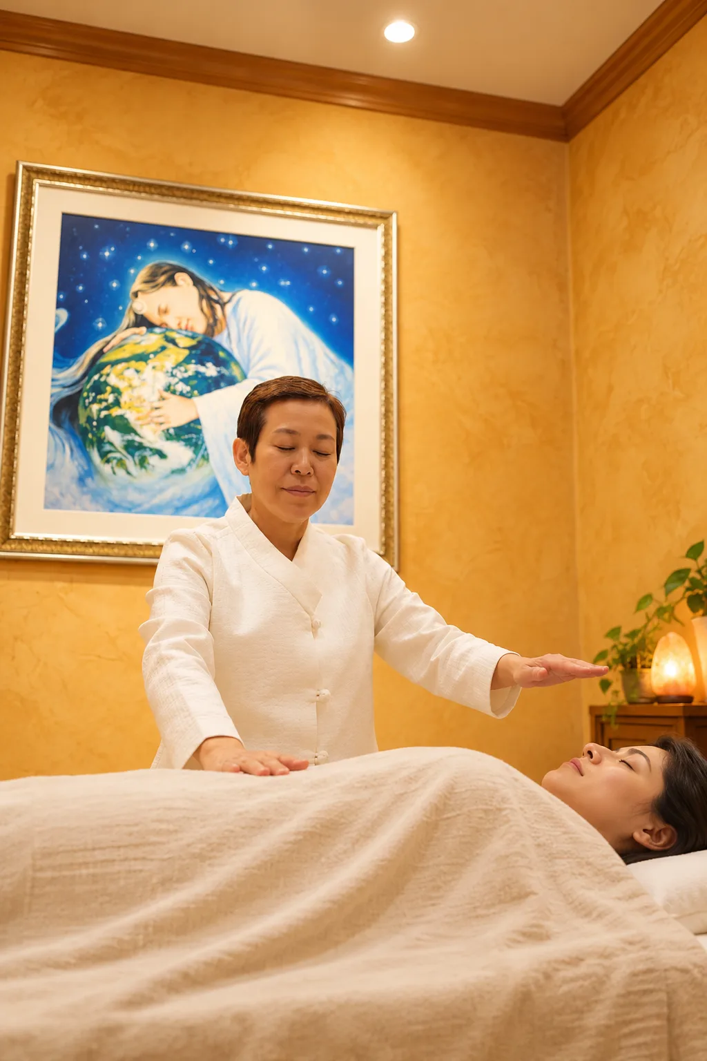 Acupressure and energy healing session at CGI: practitioner working over a resting client