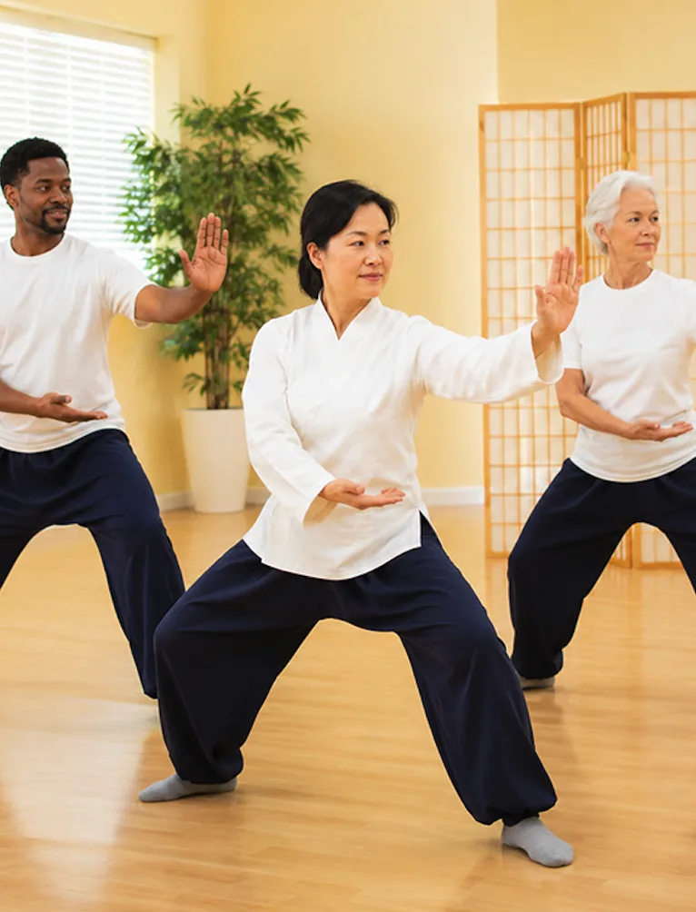 Qigong and Tai Chi class at CGI: three students holding a flowing stance